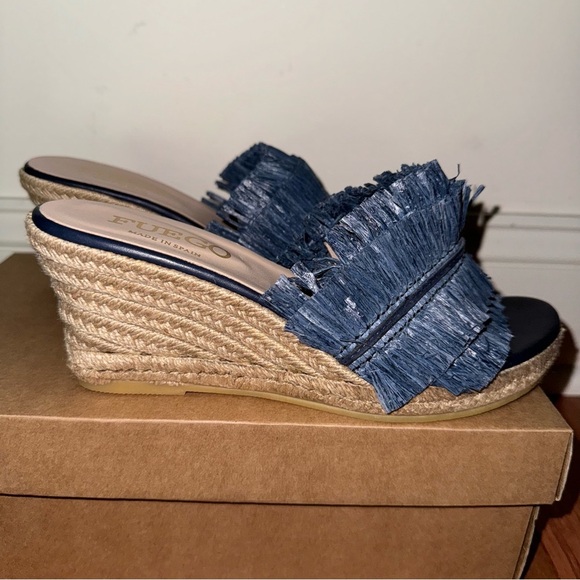NIB Fuego Brenda Navy Raffia Fringe Espadrille Wedges - Picture 7 of 11